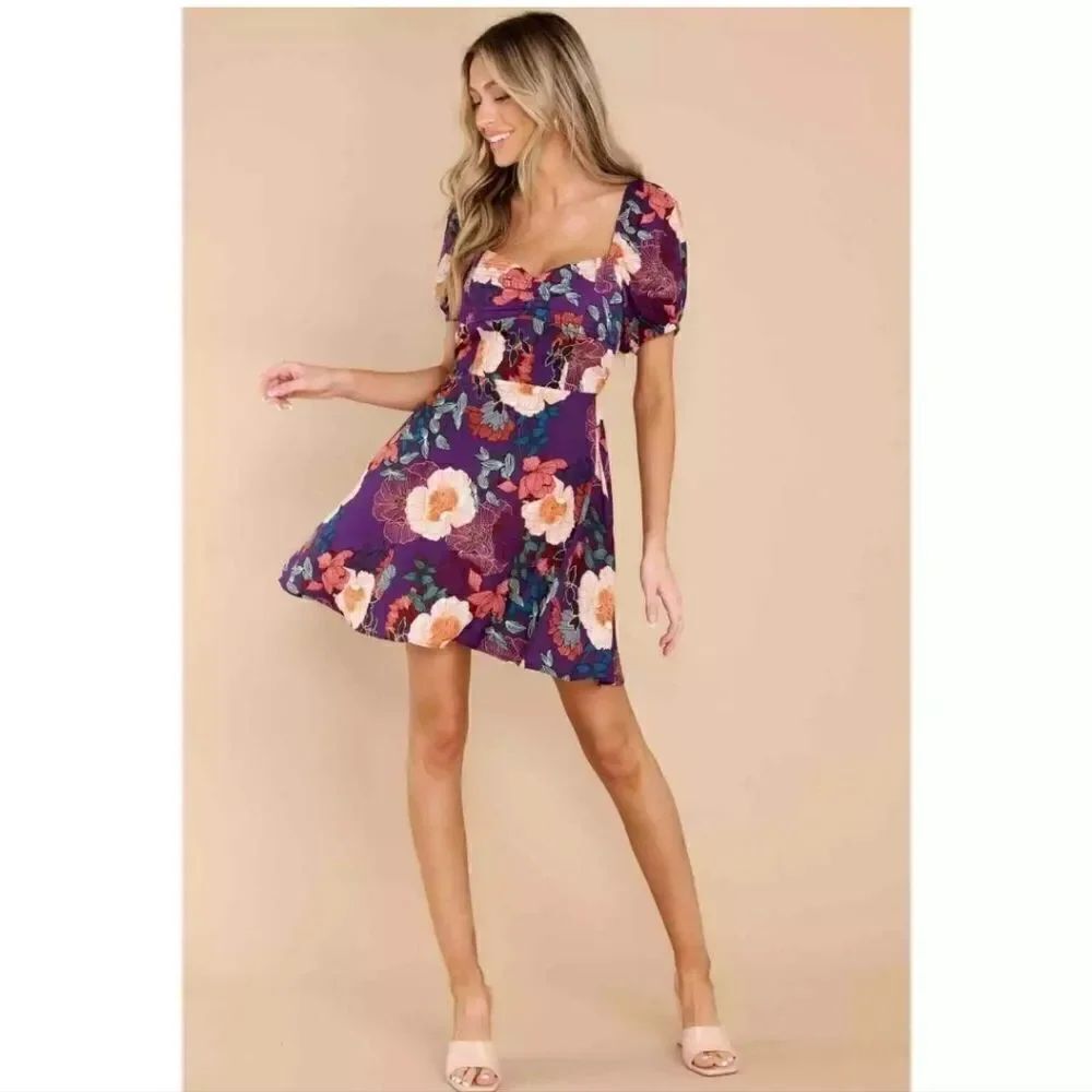 Band of the Free AIMEE PURPLE & RED FLORAL PUFF SLEEVE MINI DRESS NWT XS